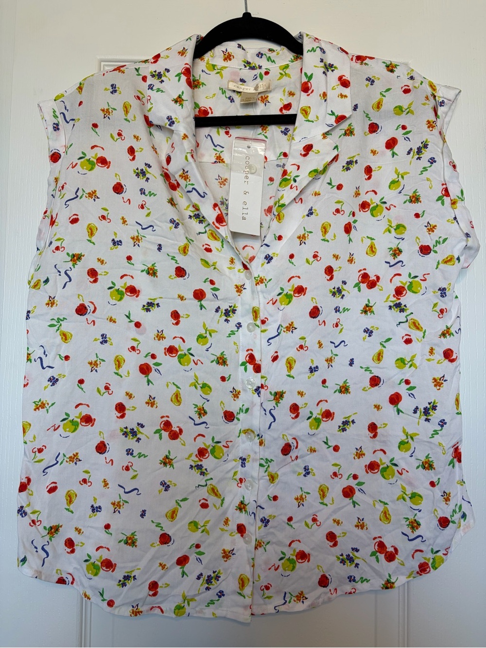 Cooper & Ella Citrus Print Blouse White Fruit‎ Floral Button Front NWT Sz L